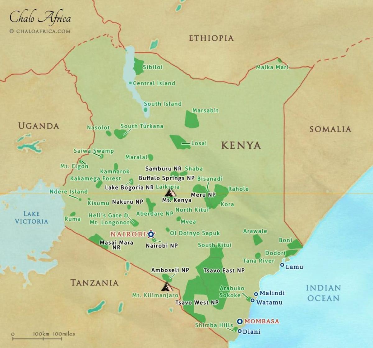 kartes Kenijas nacionālo parku un rezerves